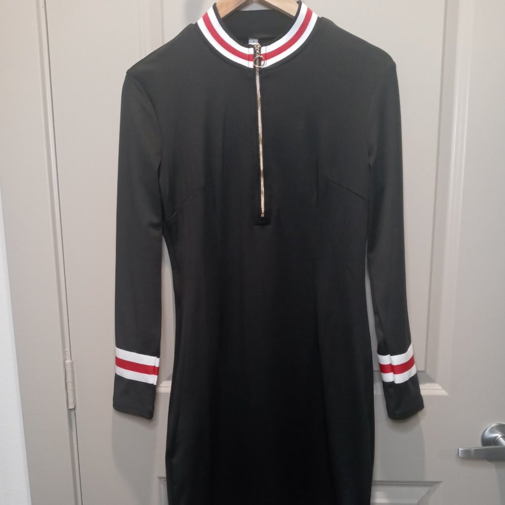 Women's black. Zippered striped trim long sleeve dress